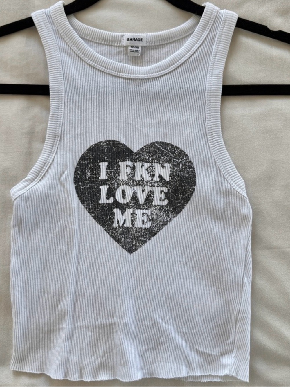 Garage White Ribbed Tank Top with Black Heart Graphic